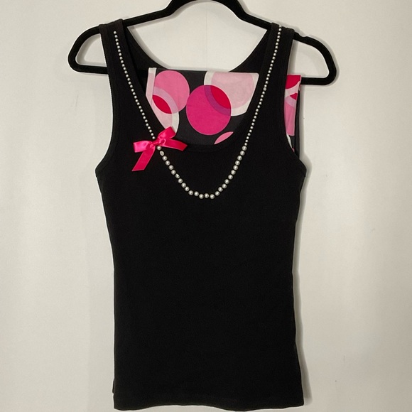 Victoria’s Secret PJ Set; Black Ribbed Tank Faux Pearls/Bow; Pink Circle Pants M - Picture 11 of 16